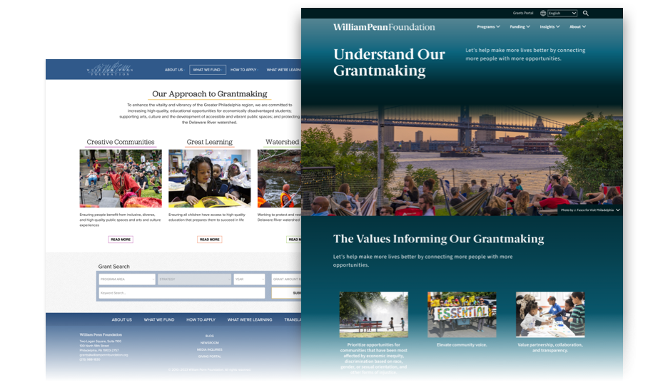 A side-by-side comparison of the former website, on the left, and the new site on the left displaying a page titled "understanding our grantmaking."