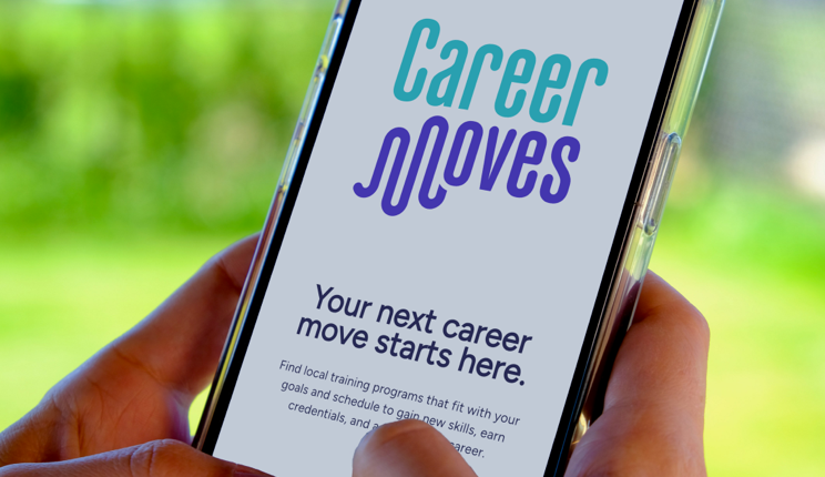 A mobile device displaying copy that reads Career Moves, your next career move starts here.