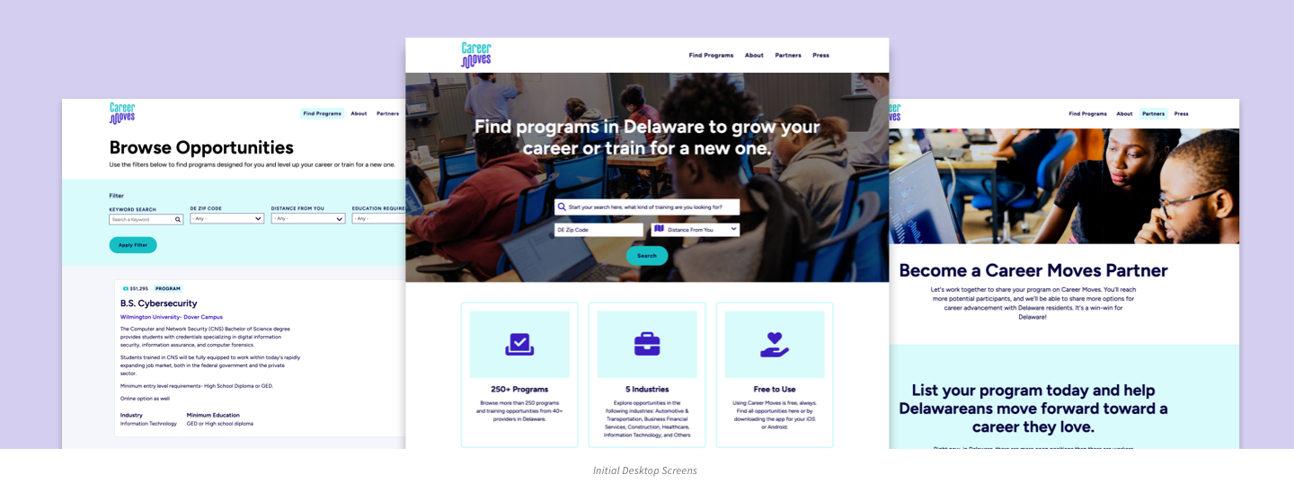 Screen shots of the Career Moves website, including the homepage and the browse opportunities page