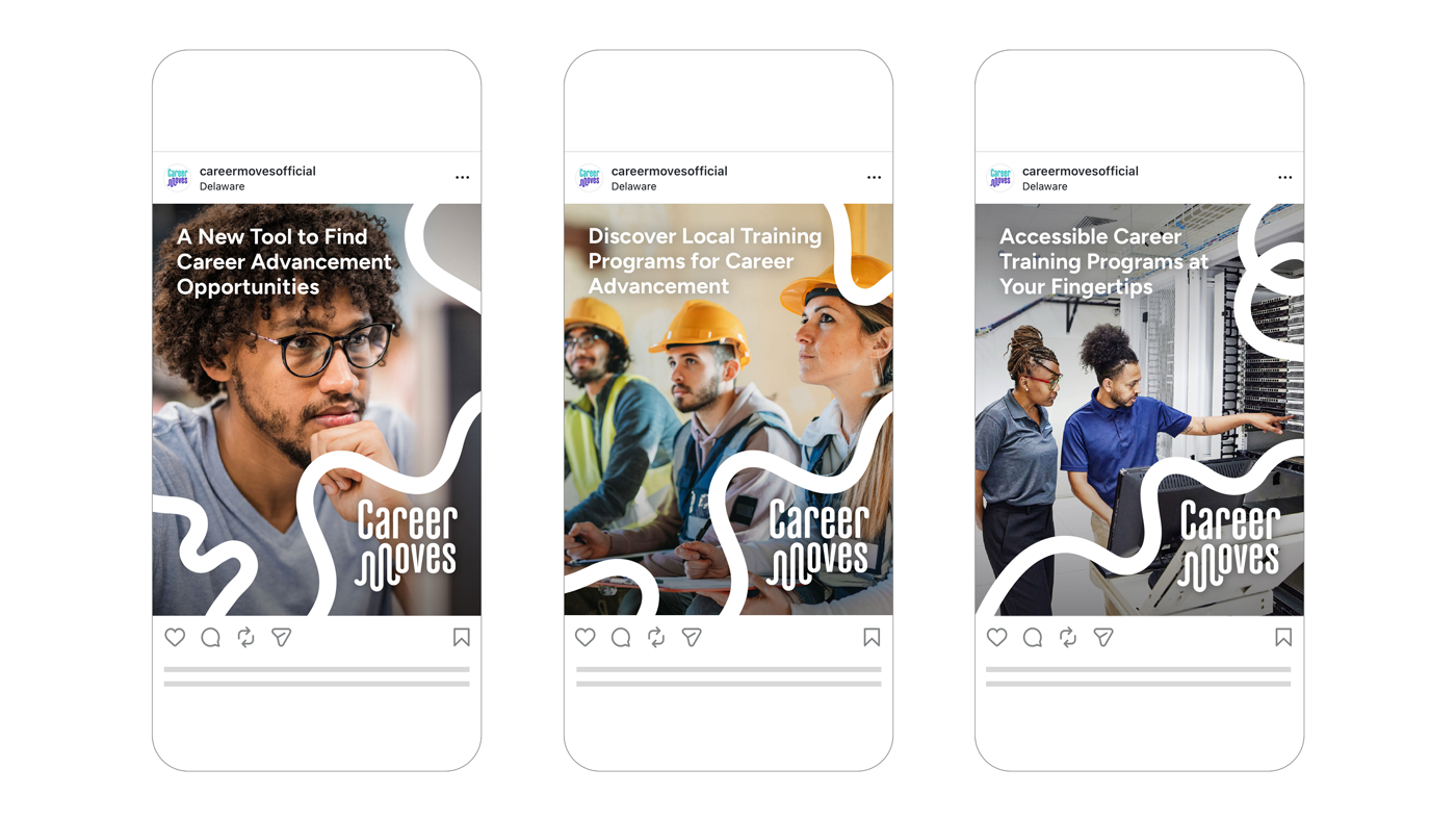 Screenshot of 3 branded social media graphics contained within a mobile phone outline