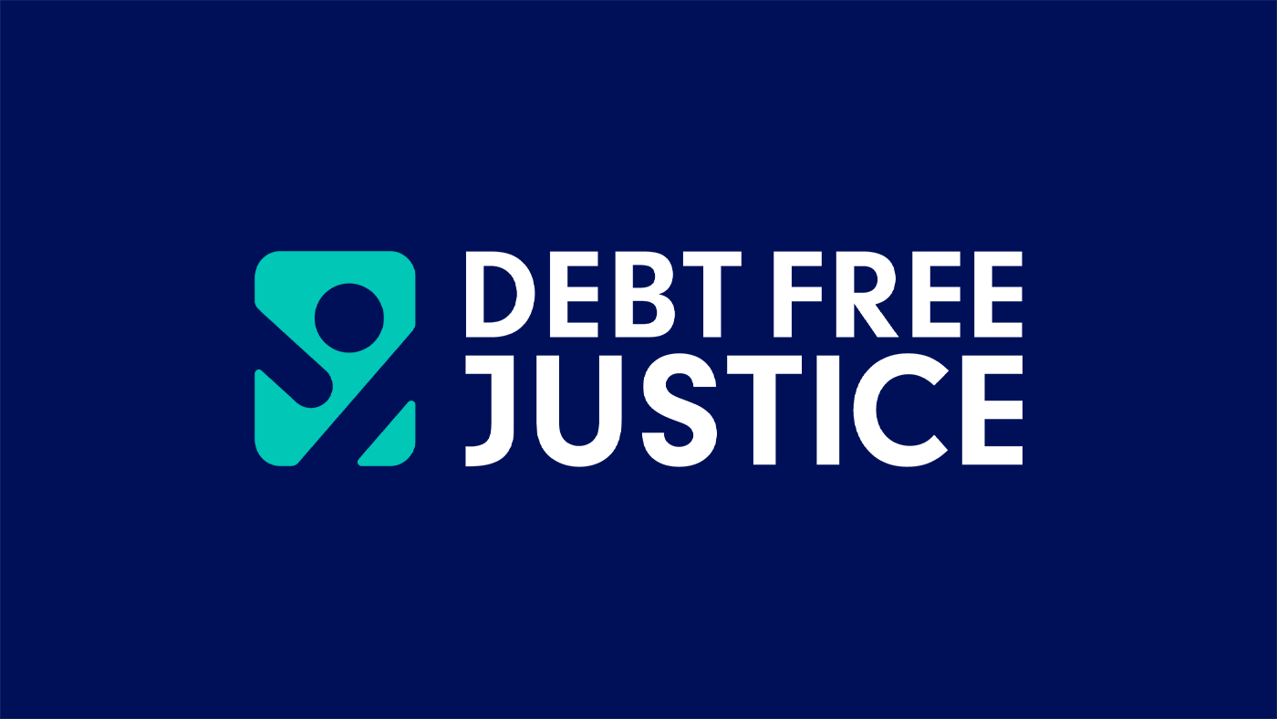 logo specimen of the Debt Free Justice logo on a navy blue colored background