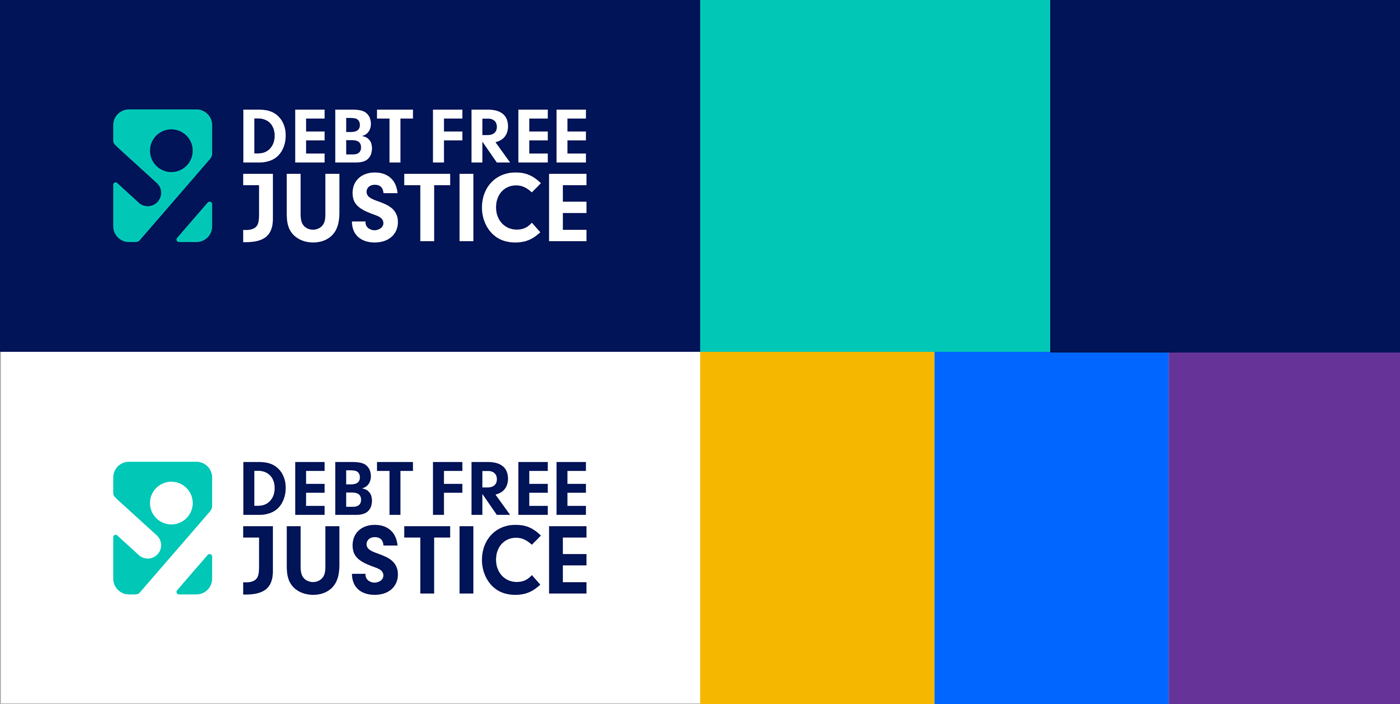 Imagery collage of Debt Free Justice color palette and logos