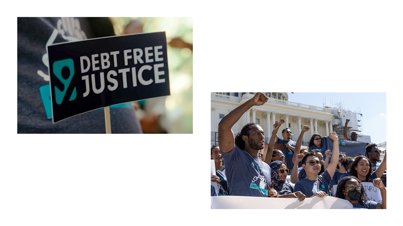 Two images of the Debt Free Justice brand in use with people at peaceful protest gathering