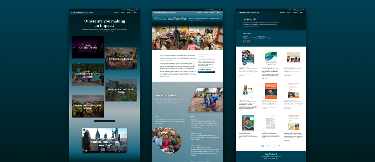 Three screen captures showing the homepage, the children and families program page, and the listing page displaying the research the foundation supports. 